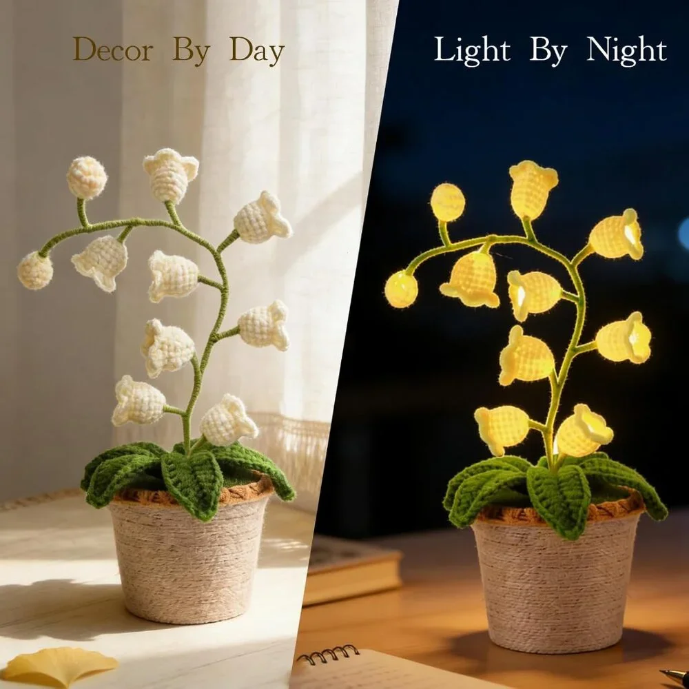 Artificial Cream Cute Lily Valley Flower Handmade Crochet Lamp Led Light Decor